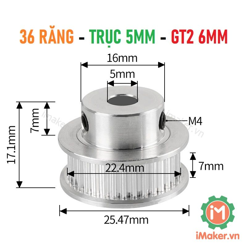 Puly GT2, Bánh răng GT2 36 răng bản 6mm trục 5mm, 8mm