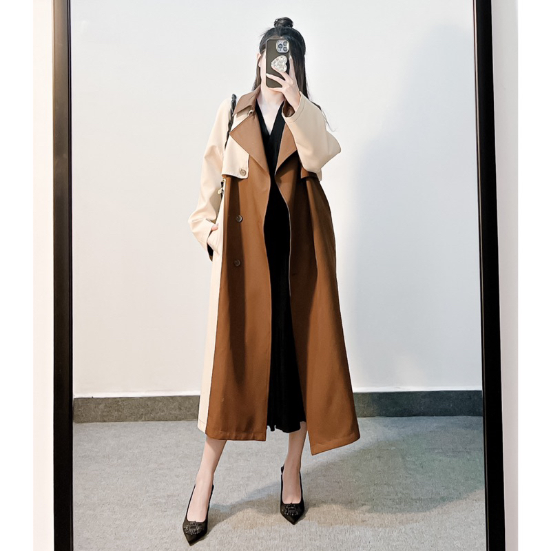 Trench coat dáng dài 2 màu xẻ tà