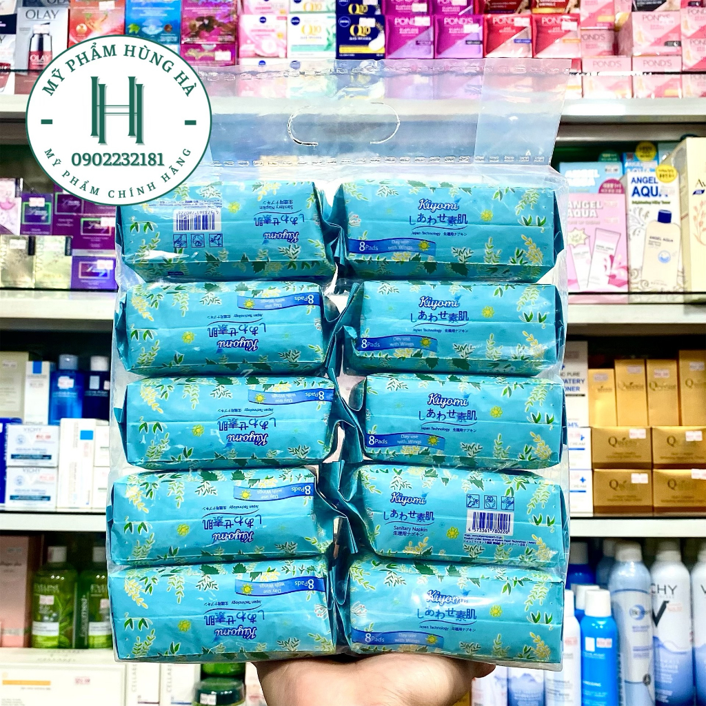 Combo 10 gói băng vệ sinh ban ngày Kiyomi, Nhật Bản, có cánh, 8 miếng/gói, 8 lớp siêu mỏng, siêu thấm hút
