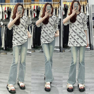 Quần jeans ống loe màu bạc cạp cao co dãn hottrend