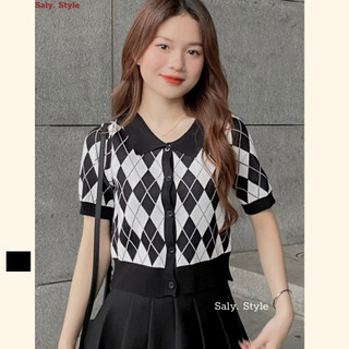Áo len kẻ Saly dáng croptop cổ polo len dệt kim Aocroptopkecaro_P2K6