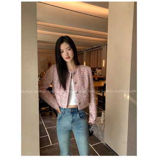 Áo khoác dạ tweed nhũ hồng dáng lửng Thu Đông - AK028