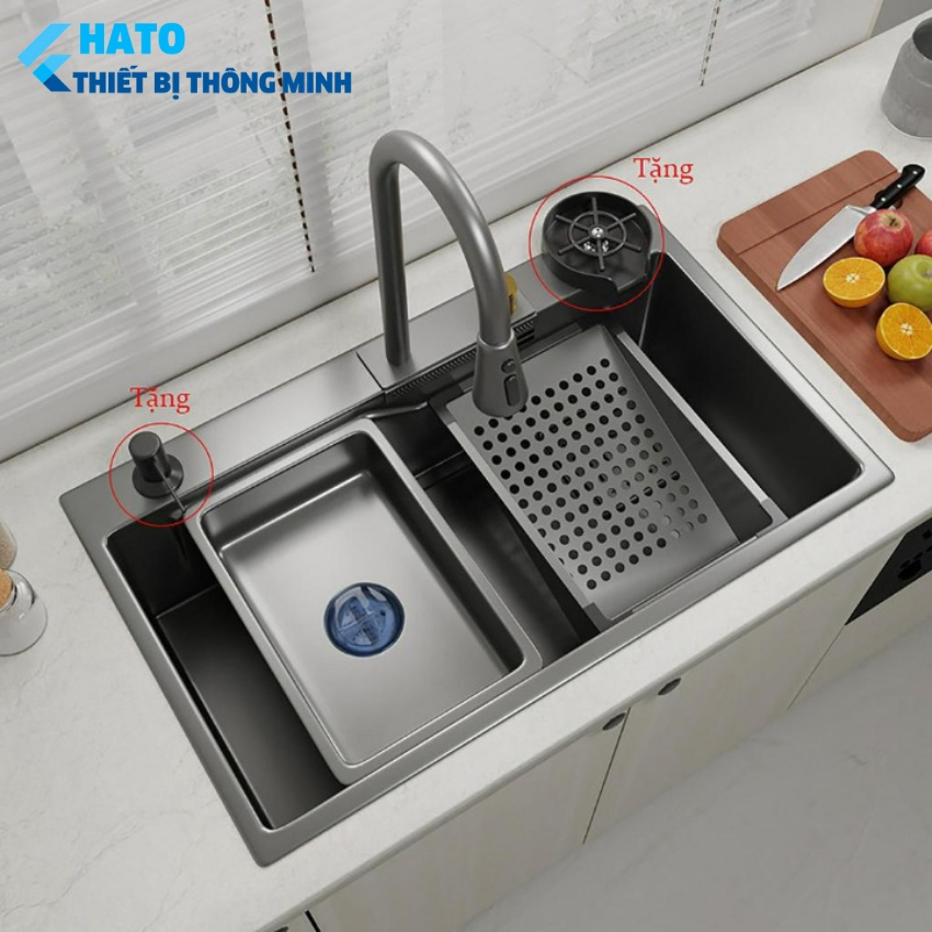 Chậu Rửa Bát 1 Hố HATO Inox 304 Có Vòi Rút Thác Nước, Bồn Rửa Chén 1 Ngăn Lớn Gồm Thớt, Nước Ngang, Khay Rửa, Xiphong