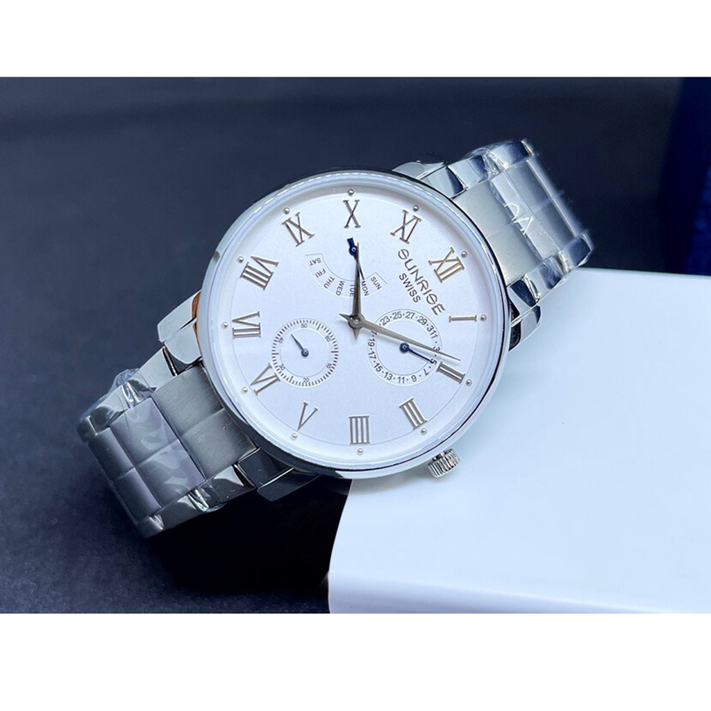 Đồng Hồ Nam Sunrise JAPAN WATCH Thiết Kế Mặt Tròn Đơn Giản Chạy 5 kim Dây Thép Không Gỉ Bạc DM747SWA