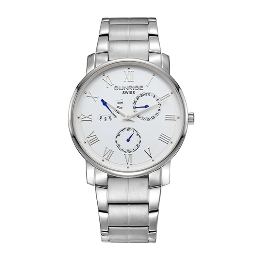 Đồng Hồ Nam Sunrise JAPAN WATCH Thiết Kế Mặt Tròn Đơn Giản Chạy 5 kim Dây Thép Không Gỉ Bạc DM747SWA