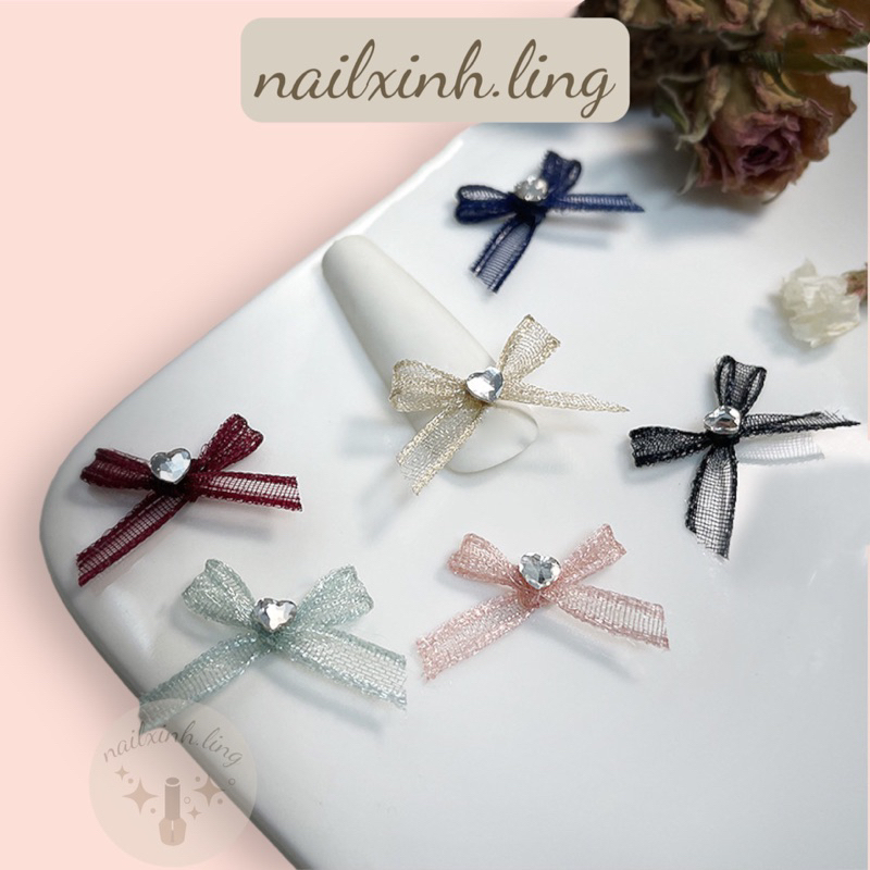 Charm Nail Nơ Vải Lưới Đính Đá, Phụ Kiện Trang Trí Móng Tay - R8