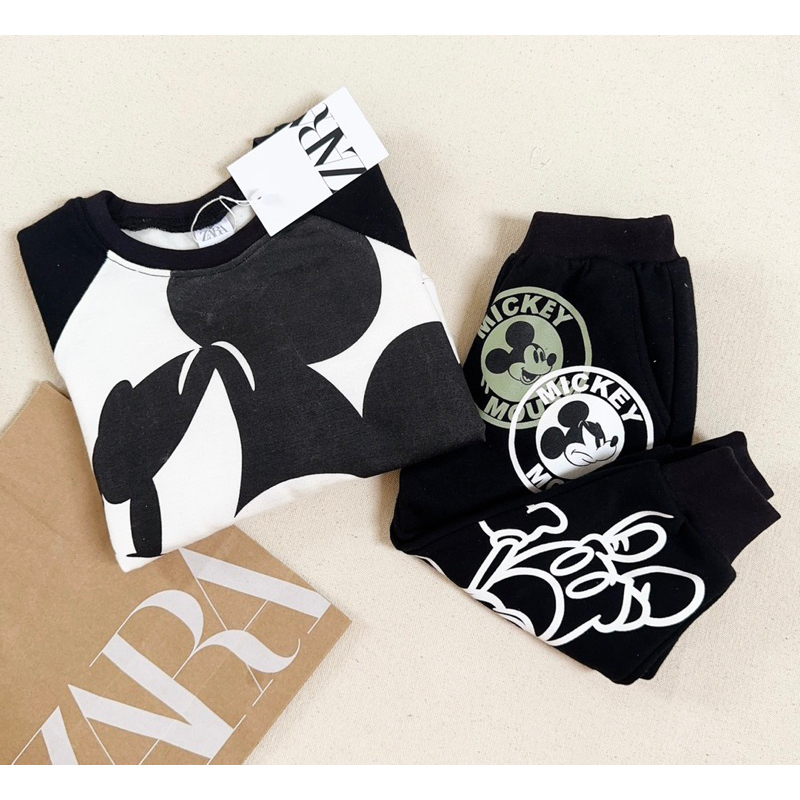 Set bộ nỉ da cá Mickey Za.ra đen trắng cho bé trai bé gái size từ 12-24 cân