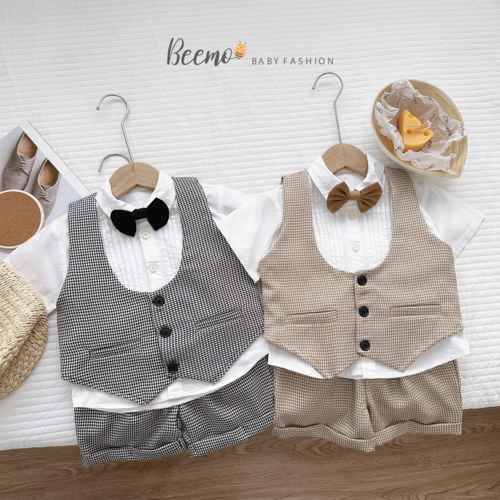 Bộ gile bé trai BEEMO 021B set gile 4 chi tiết gồm áo sơ mi, gile, quần sooc và nơ cổ, GOMEE KIDS