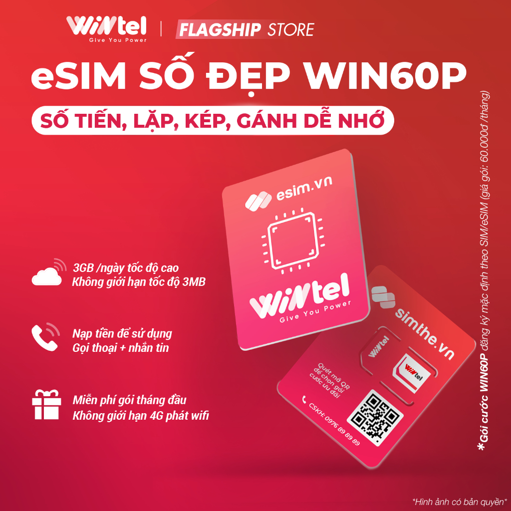 eSIM SỐ ĐẸP WINTEL WIN60P Data Tốc Độ Cao + Phát WIFI Không Giới Hạn. Dùng Sóng VinaPhone Trên Toàn Quốc Chỉ 60K/Tháng