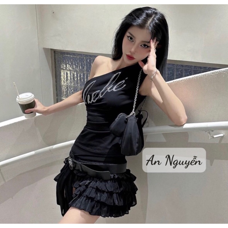 Đầm nữ đi chơi áo trễ vai phối chân váy tầng cute