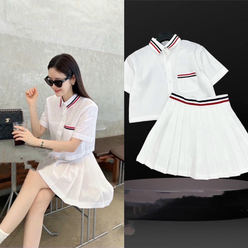 Set áo sơ mi tay ngắn phối chân váy xoè viền sọc
