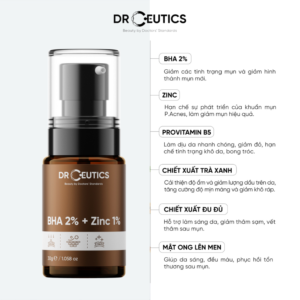 DRCEUTICS Serum Kẽm BHA 2% + Zinc PCA 1% DrCeutics giảm mụn và giảm tiết dầu 30g