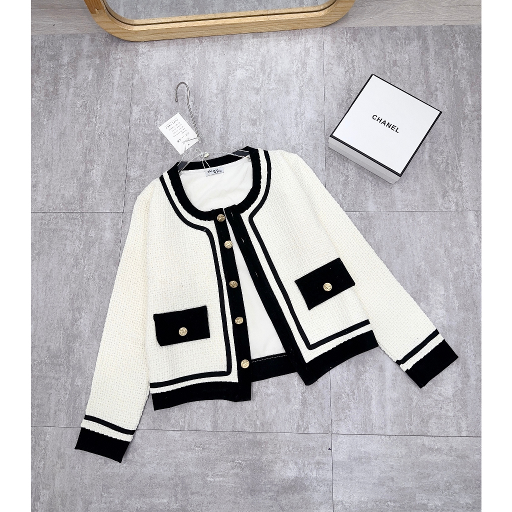 Áo Khoác Dạ Trắng Phối Viền Đen, Hàng 2 Lớp Cao Câp Chuẩn QC