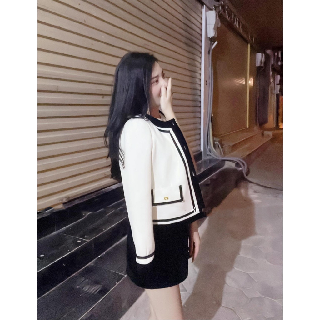 Áo Khoác Dạ Trắng Phối Viền Đen, Hàng 2 Lớp Cao Câp Chuẩn QC