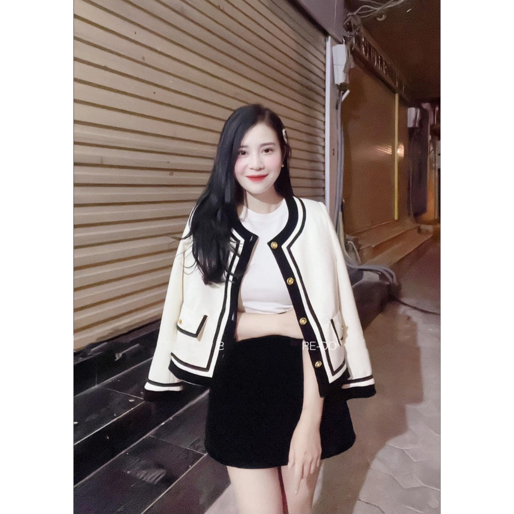 Áo Khoác Dạ Trắng Phối Viền Đen, Hàng 2 Lớp Cao Câp Chuẩn QC