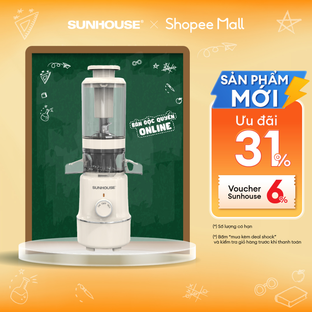 Máy ép chậm Sunhouse SHD5515 ép kiệt bã làm kem cực mịn giữ nguyên dưỡng chất |Lưỡi dao cắt mạnh mẽ|Trục ép tích hợp