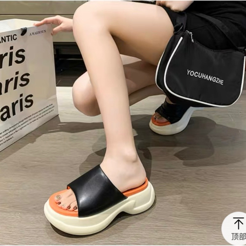 Dép Quai Ngang Da Mềm Đế 7cm Phối Cam Xuồng Nâng Đế