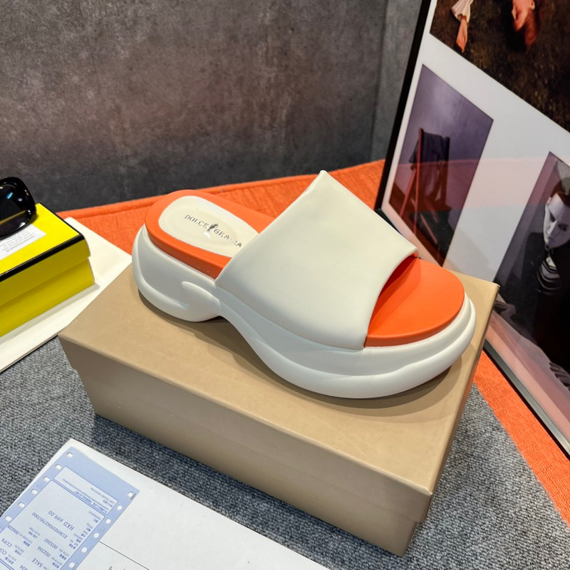 Dép Quai Ngang Da Mềm Đế 7cm Phối Cam Xuồng Nâng Đế