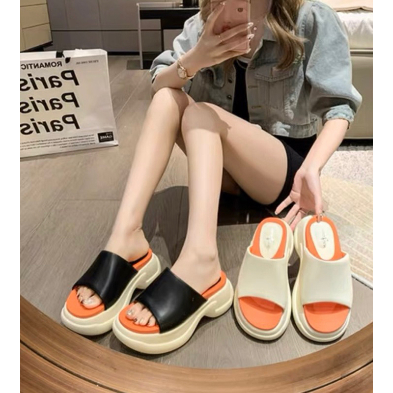 Dép Quai Ngang Da Mềm Đế 7cm Phối Cam Xuồng Nâng Đế