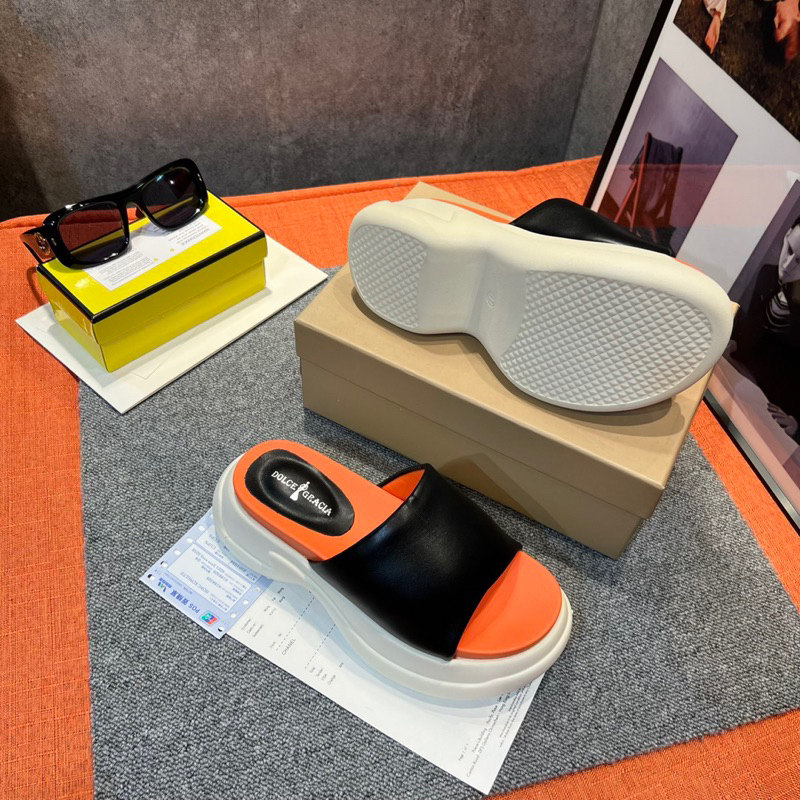 Dép Quai Ngang Da Mềm Đế 7cm Phối Cam Xuồng Nâng Đế