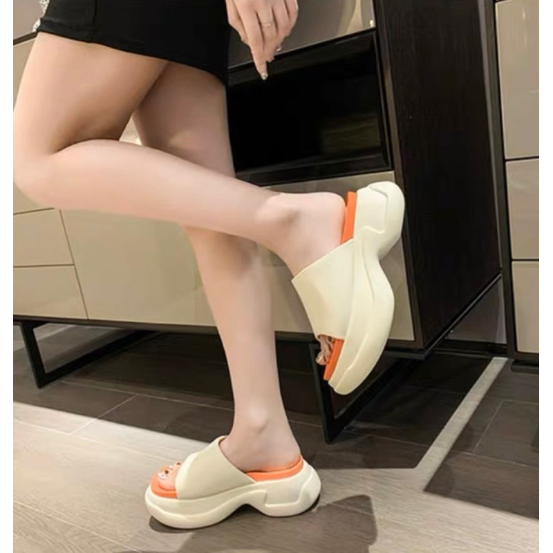Dép Quai Ngang Da Mềm Đế 7cm Phối Cam Xuồng Nâng Đế