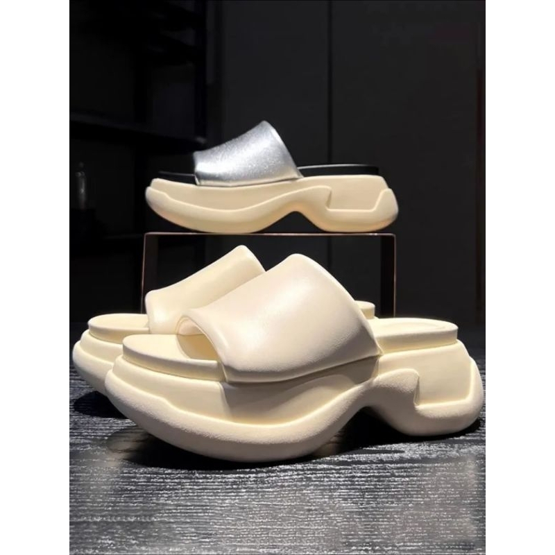 Dép Quai Ngang Da Mềm Đế 7cm Phối Cam Xuồng Nâng Đế