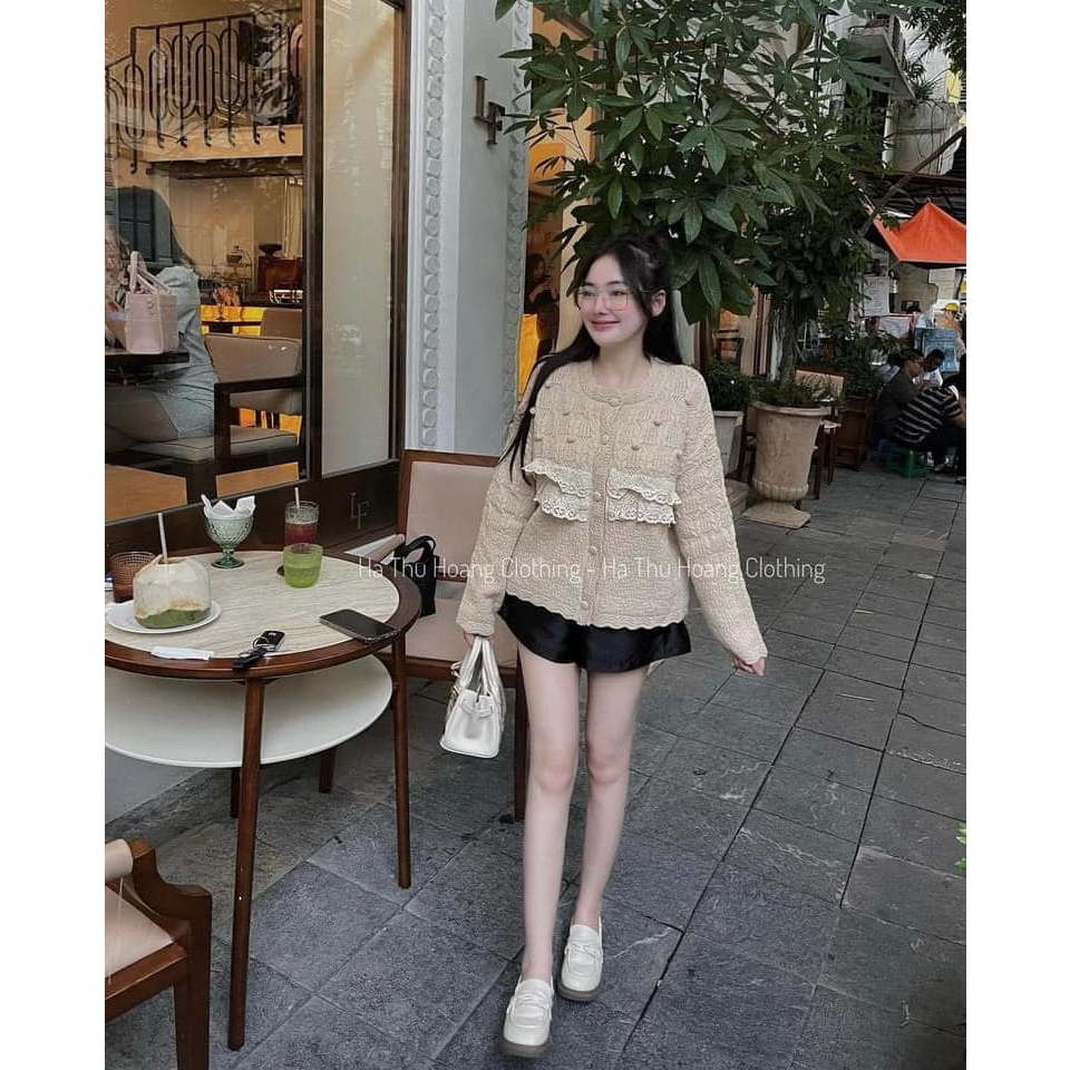 Áo khoác len be phối ren 2 tầng xinh