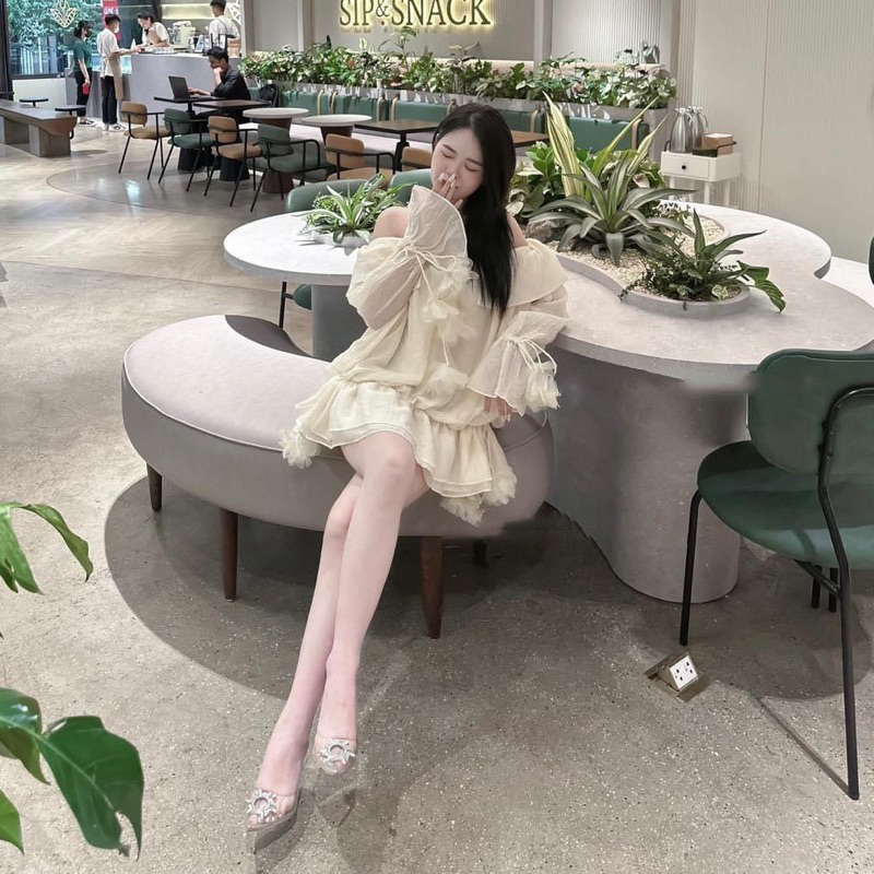 Váy Nữ Tơ Bánh bèo Chun Vai Dây Buộc V45