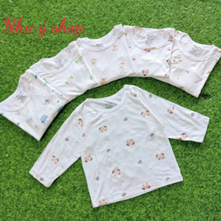 [A179 Mềm, Mát, Chất Petit] Áo Dài Tay Thun Lạnh Ava Cổ Tròn Cúc Vai Nền Trắng Họa Tiết Chất Vải Petit