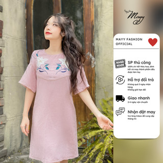 Váy thiết kế MAYY FASHION tweed hồng nhạt thêu hoa LAN KHUÊ