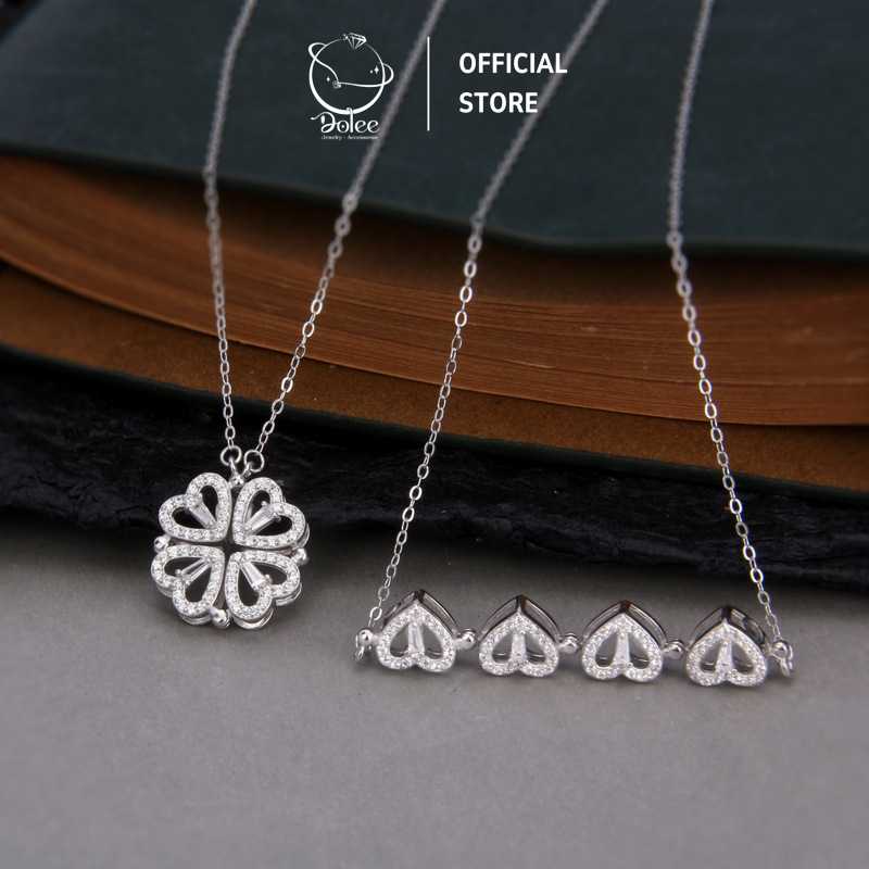 Dây chuyền nữ hình trái tim ghép hình cỏ 4 lá may mắn bạc 925 DoLee Silver, vòng cổ bạc đeo 2 kiểu độc đáo, sang trọng