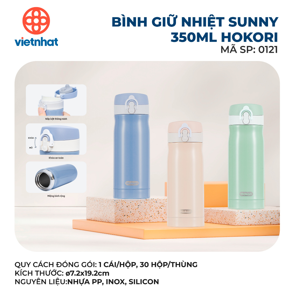 Bình nước giữ nhiệt trơn Sunny Hokori, Bình inox 304 không rỉ (0121-0122) - Việt Nhật Plastic HN