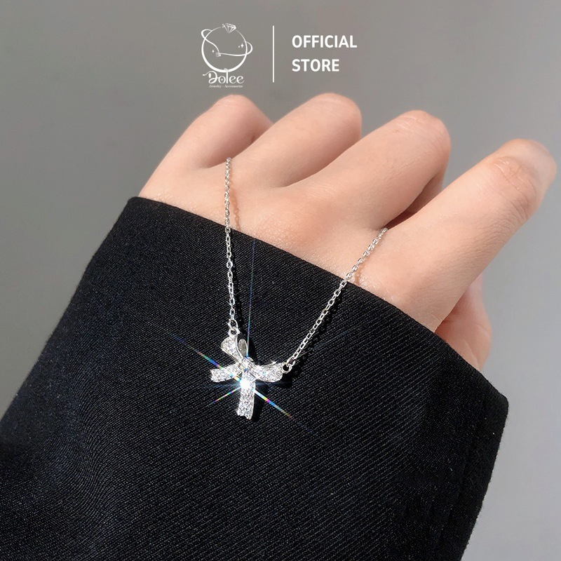 Dây chuyền bạc nữ DoLee Silver hình nơ đính đá xinh xắn, sang trọng, vòng cổ nữ bạc 925 cao cấp
