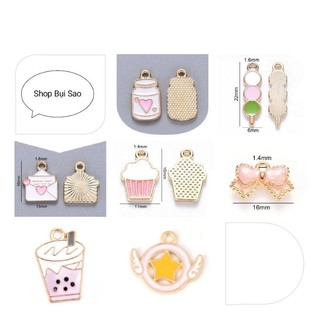 Charm kim loại, mặt dây chuyền tráng men hình đôi cánh, trà sữa, xiên que, lá thư, ly nước