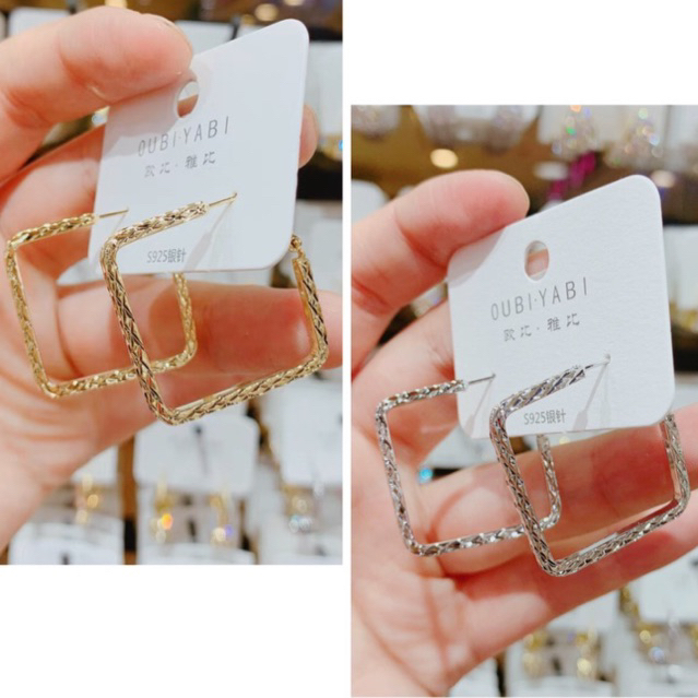 bông tai khoen vuông khía đơn giản , khuyên tai phong cách retro hàn quốc