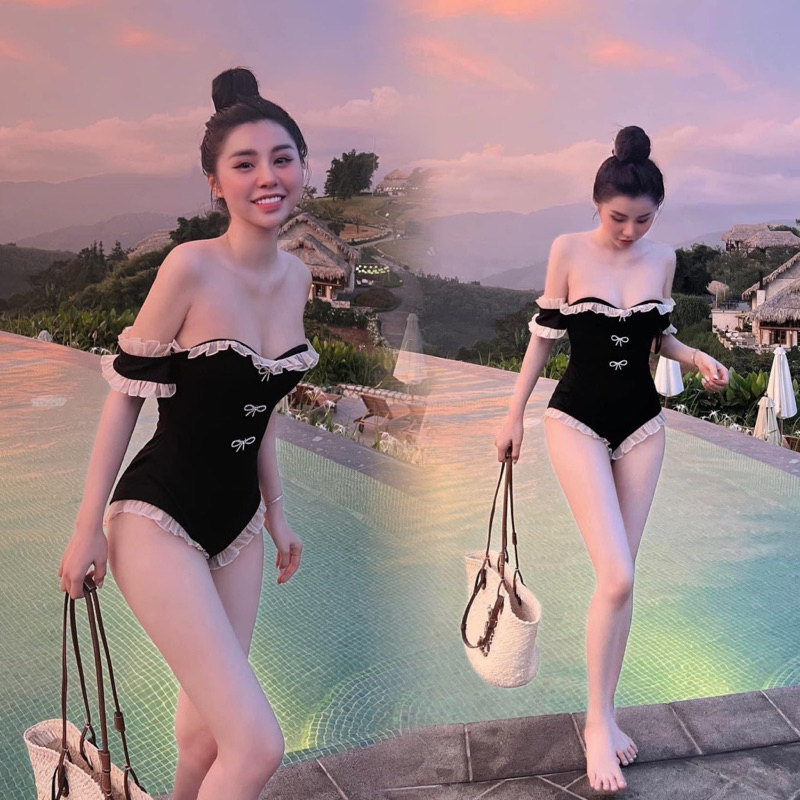 Bikini đi biển du lich áo trễ vai bèo rúm trắng quần cạp cao xinh xắn R12