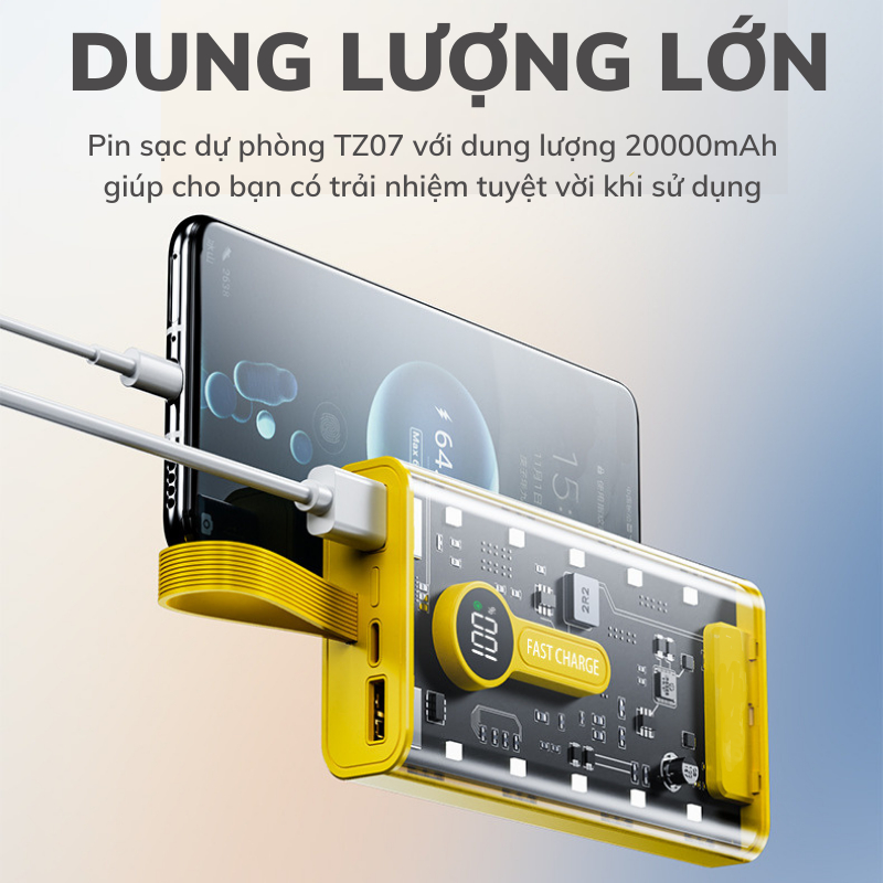 Sạc Dự Phòng TZ07 dung lượng 20000mah Chính hãng , Tích Hợp 4 Dây Sạc, Sạc Không Nóng Máy TECHHIGH