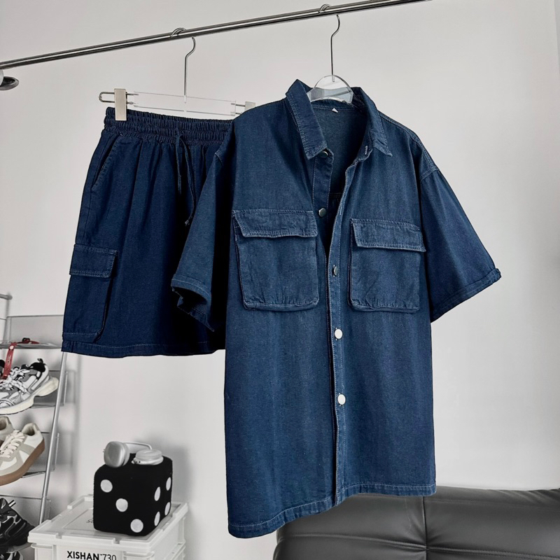 Set phối unisex,sơmi jean+short túi hộp xanh