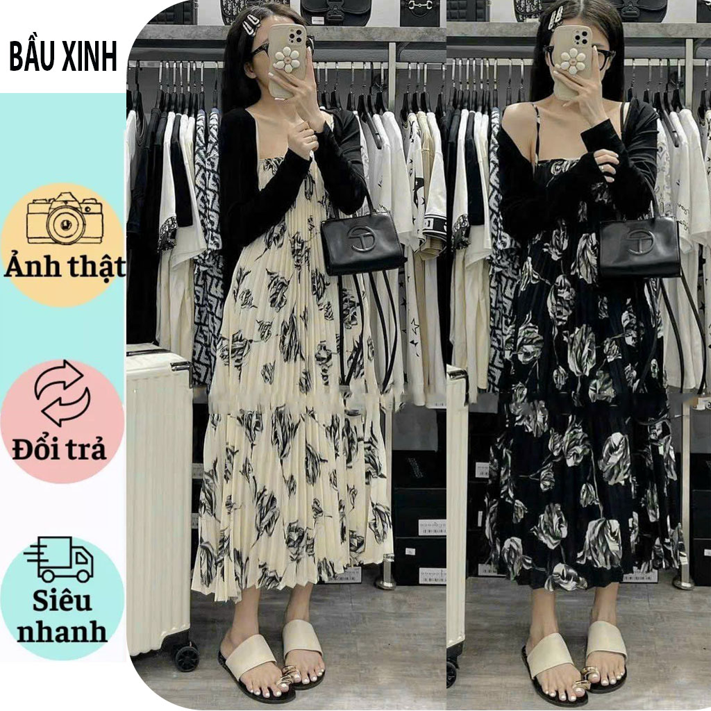 SÉT VÁY BẦU HAI DÂY+ÁO KHOÁC NGOÀI ĐEP, XINH XẮN MẶC ĐI LÀM ĐI CHƠI DỰ TIỆC CỰC SANG CHO MẸ FRESIZE