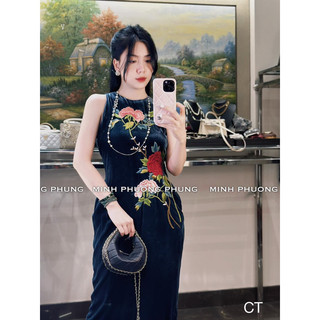 Váy nhung the thêu kèm choàng nhung the sang chảnh