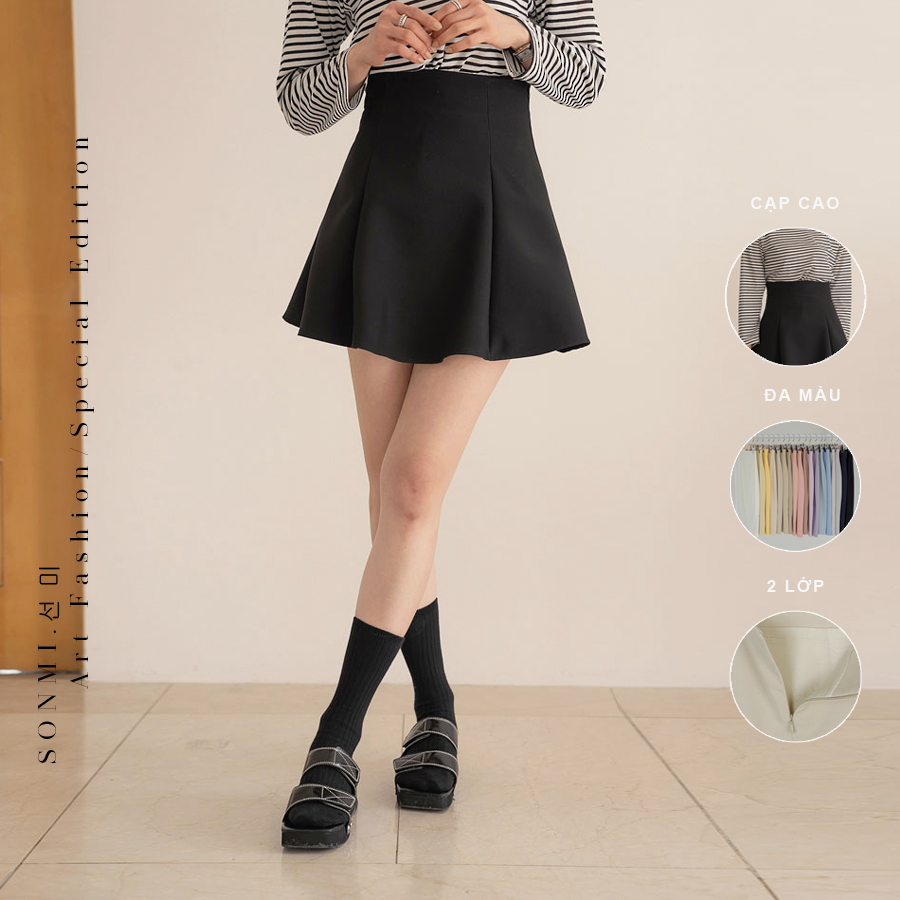 Chân váy chữ A ngắn xòe lưng cạp cao SONMI Hàn Quốc thiết kế cao cấp co giãn 2 lớp màu đen đỏ ghi xám CHANA MONROE SK121