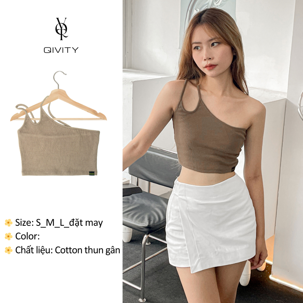 (Hình thật) Áo croptop ngắn kiểu 2 dây 1 bên vai, áo thun dây vải cotton co giãn dày dặn nhà Qivity