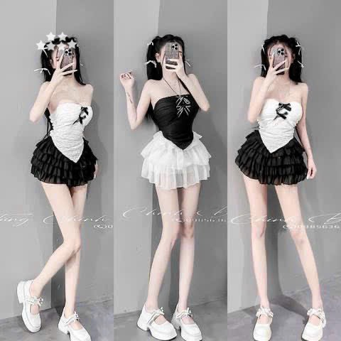 Set bộ đồ nữ áo cúp ngực dây mảnh cột cổ đính nơ trước ngực áo xẻ vạt nhọn kèm chân váy chữ A xếp tầng sang chảnh