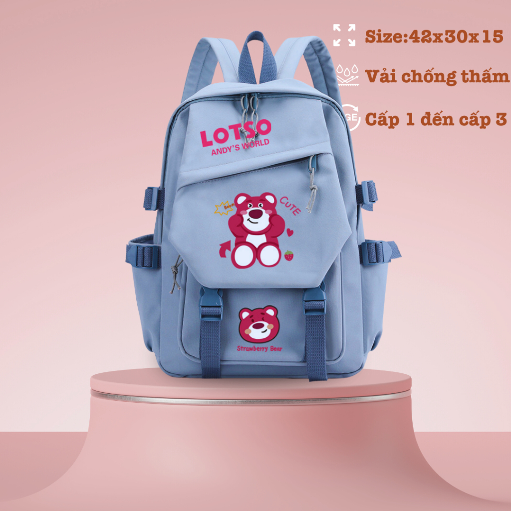Balo gấu dâu 42x30x15 học sinh cấp 1, cấp 2, cấp 3 cute