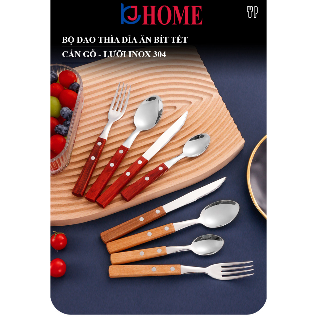 Bộ dao dĩa thìa inox 304 cán gỗ cao cấp Kj Home, Muỗng Thìa Nĩa Dao Thép không gỉ 4 món dùng ăn bít tết – KJ01CG