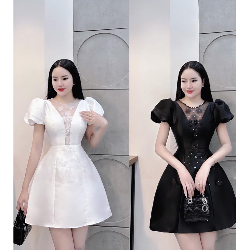 Đầm thiết kế, đầm trắng dự tiệc siêu sang phối tay bồng dành cho nữ