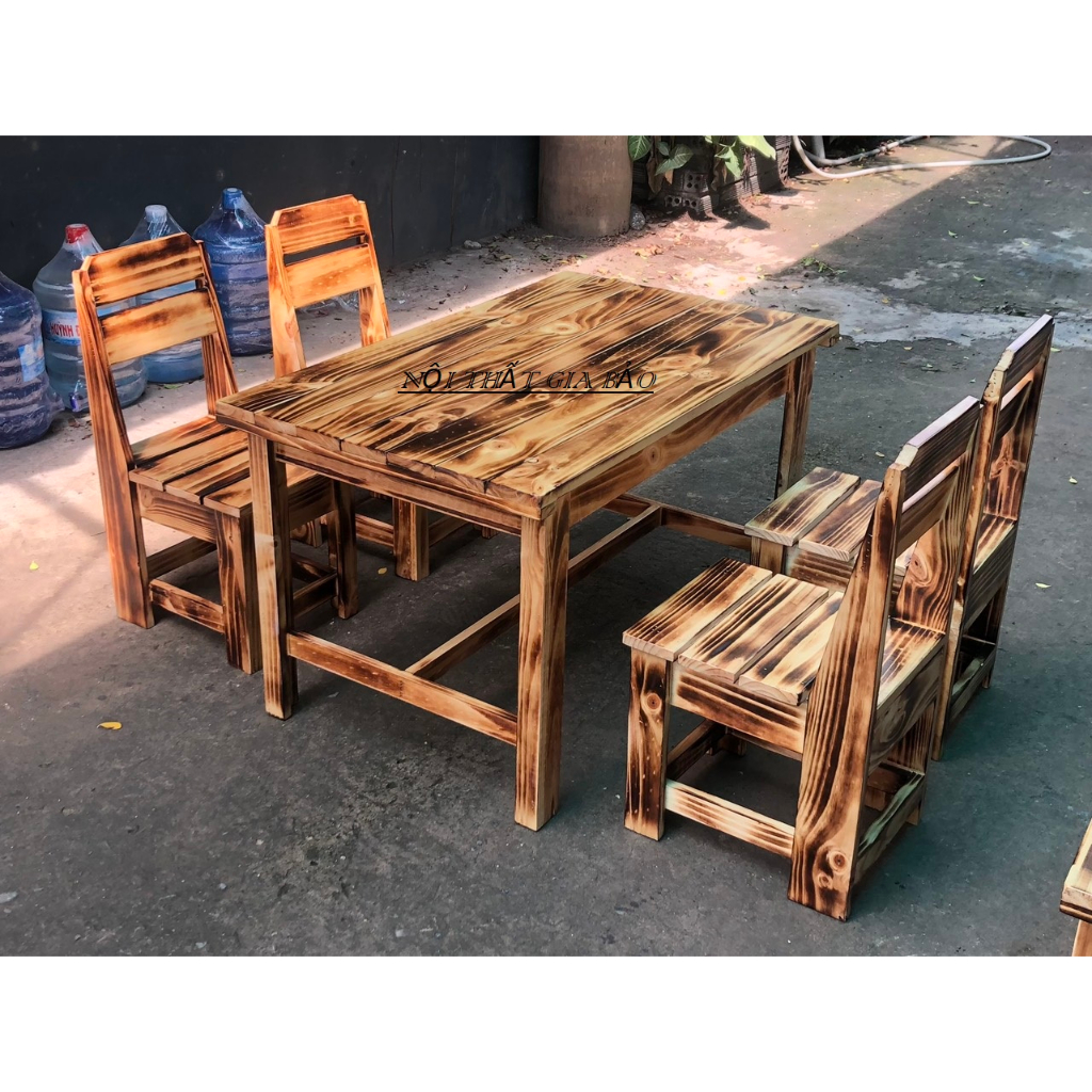 BỘ BÀN GHẾ GỖ THÔNG CHÁY CÓ TỰA, BÀN GHẾ QUÁN NHẬU
