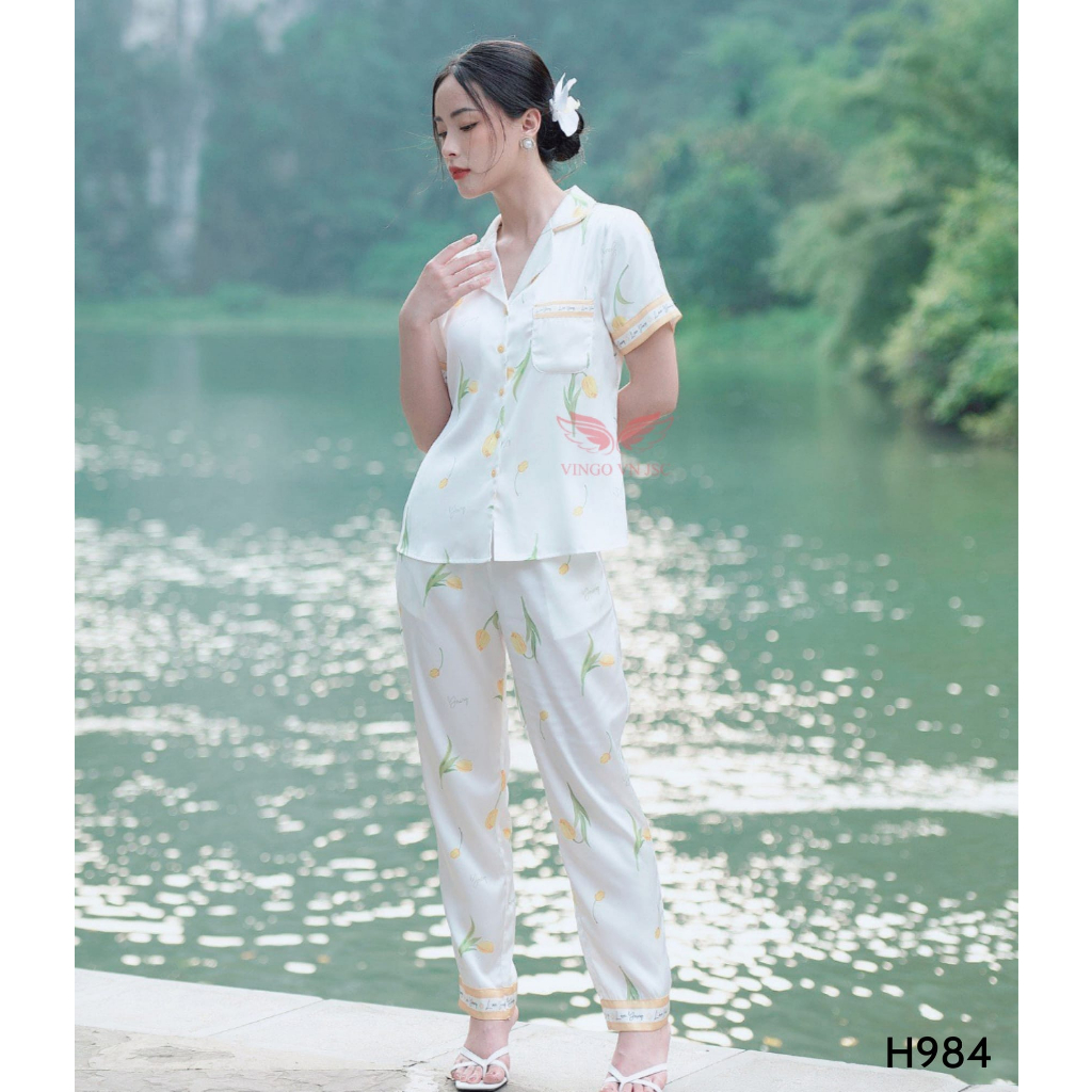 Đồ bộ nữ pijama mặc nhà lụa Pháp vân chìm cao cấp VINGO tay ngắn quần dài màu xanh và hồng thanh lịch H912 VNGO