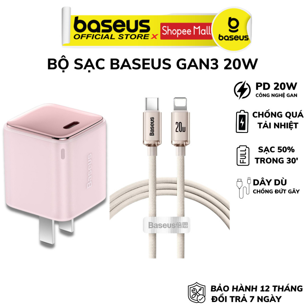 Combo Sạc Nhanh 20W Baseus Củ GaN3 Kèm Dây Crystal Màu Hồng Tản Nhiệt Tốt Cho Các Dòng Máy IP11 12 13 14