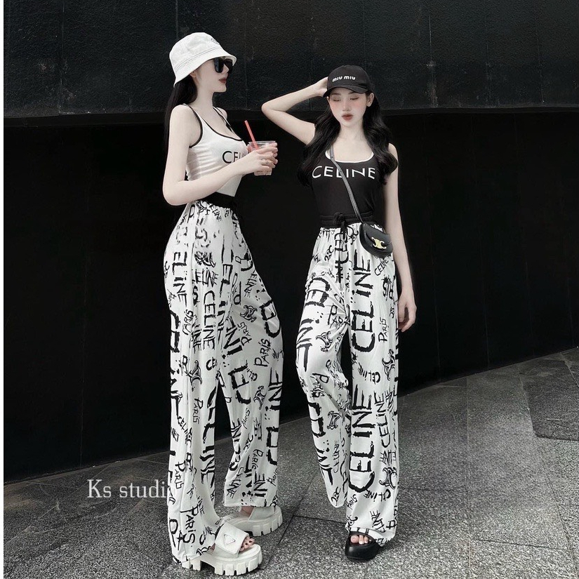 Sét bộ áo 3 lỗ in chữ cè lèn phối quần dài in chữ hiệu toàn quần ống rộng hot hit , chất thun gân dày dặn lisa